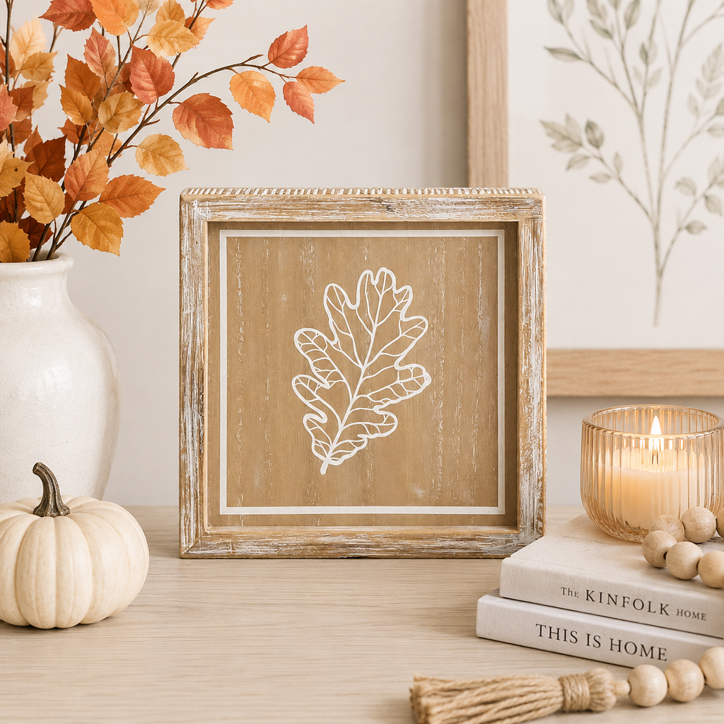 8" Reversible Wood Frame Sign - Leaf and Jack O Lantern | Natural, White and Black