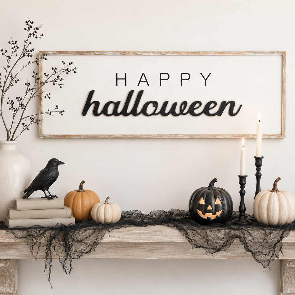 47" x 16" Reversible Wood Framed Sign - Happy Halloween and Happy Fall Y'all | White, Grey and Black