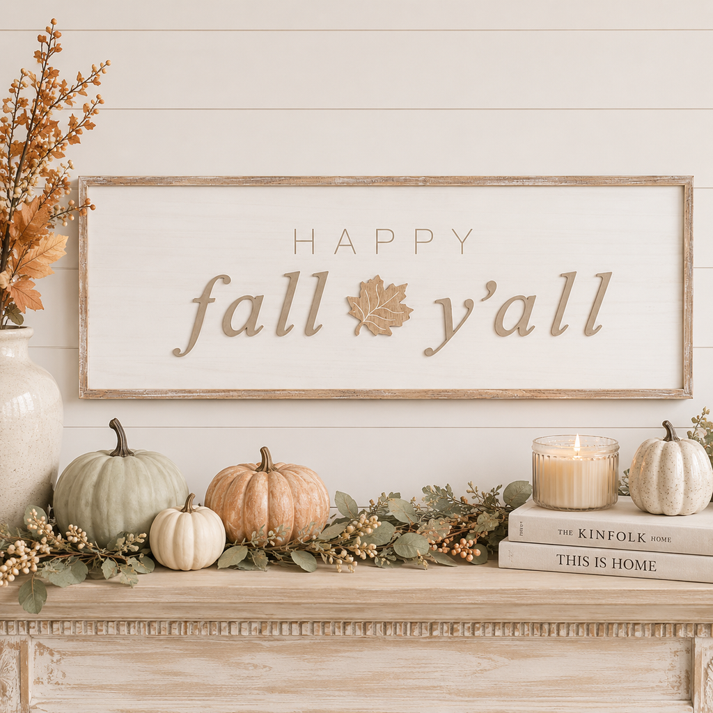 47" x 16" Reversible Wood Framed Sign - Happy Halloween and Happy Fall Y'all | White, Grey and Black