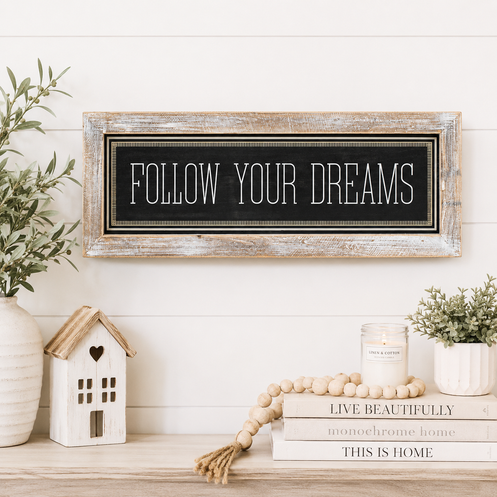 24" x 9" Reversible Wood Framed Sign - Ho Ho Ho and Follow Your Dreams | White and Grey