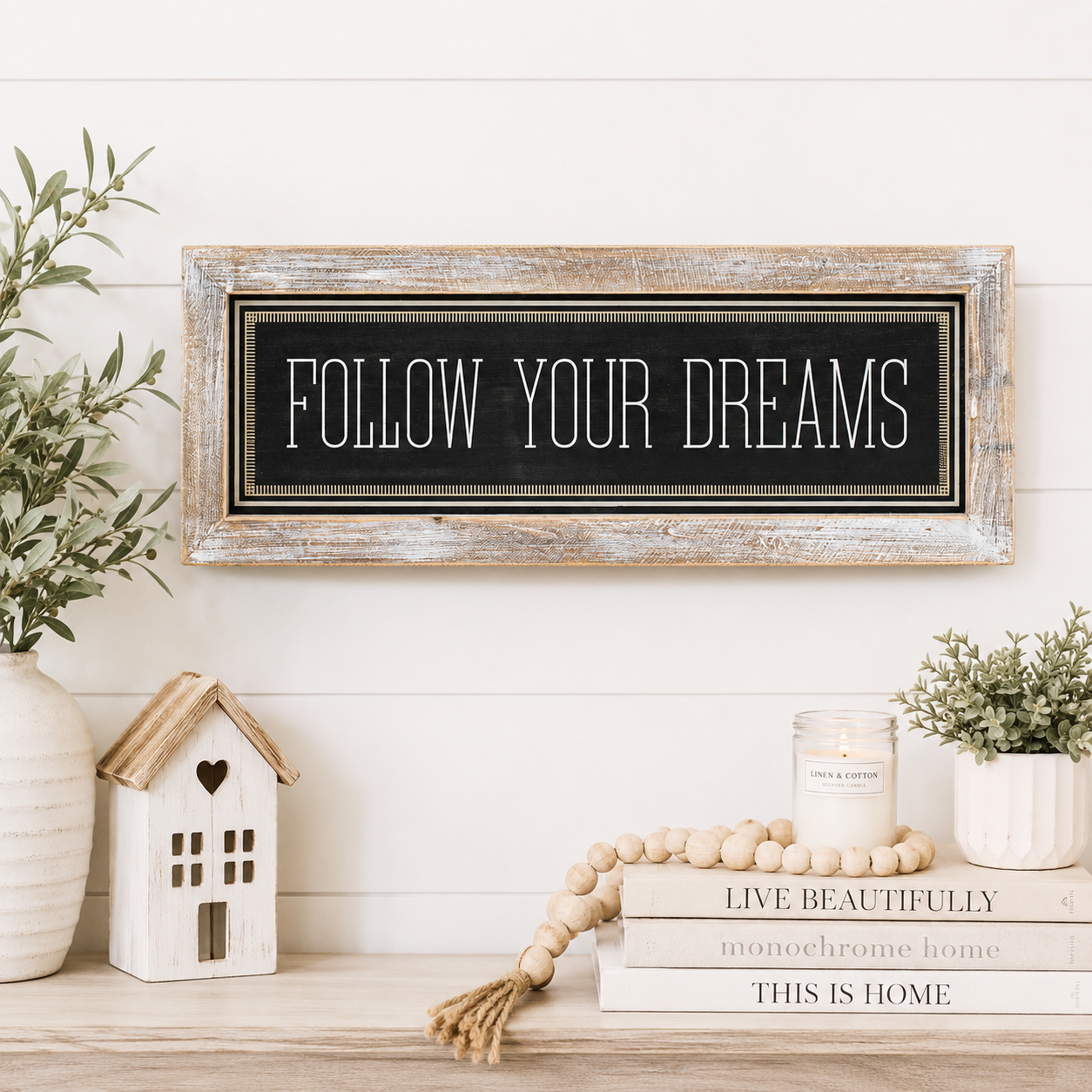 24" x 9" Reversible Wood Framed Sign - Ho Ho Ho and Follow Your Dreams | White and Grey
