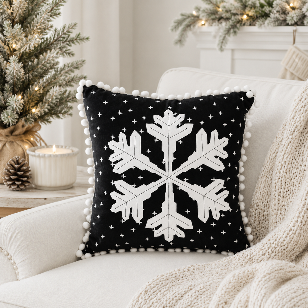 13" Reversible Linen Pillow - Snowflake | Black and White