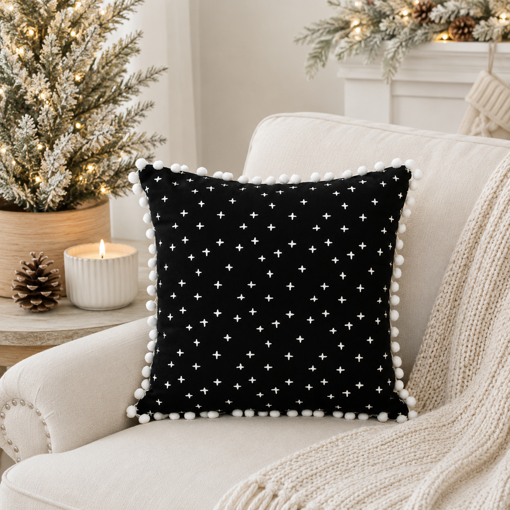 13" Reversible Linen Pillow - Snowflake | Black and White