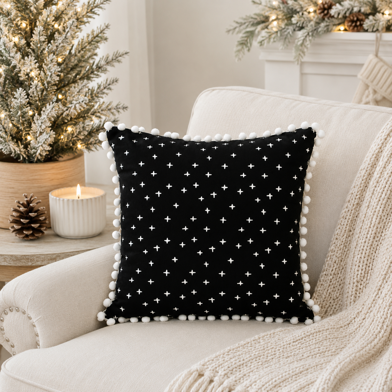 13" Reversible Linen Pillow - Snowflake | Black and White