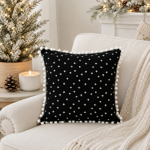 13" Reversible Linen Pillow - Snowflake | Black and White