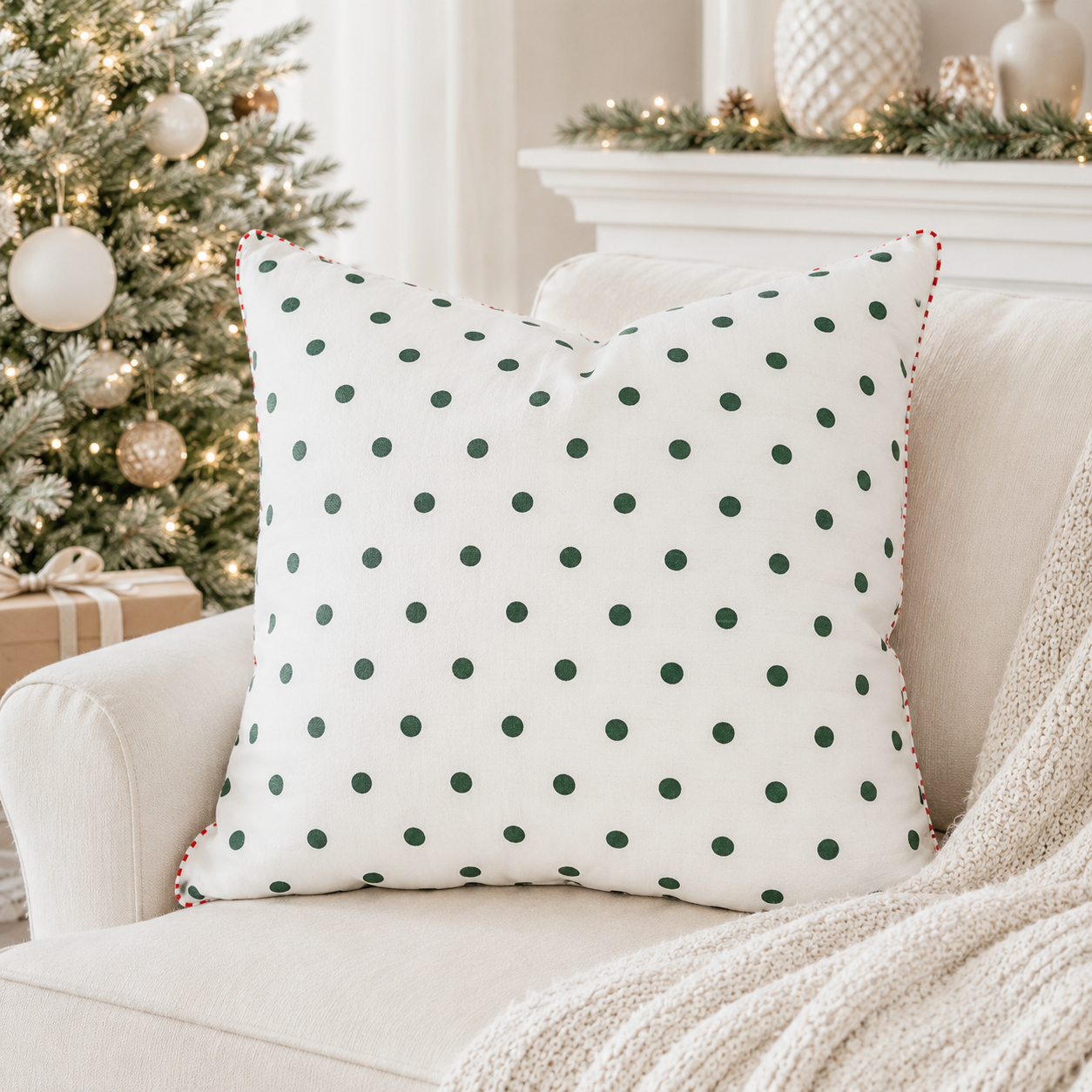24" Reversible Pillow - Stripe and Polka Dot | White, Red and Green