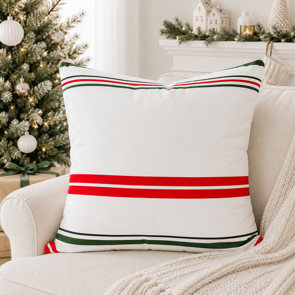 24" Reversible Pillow - Stripe and Polka Dot | White, Red and Green