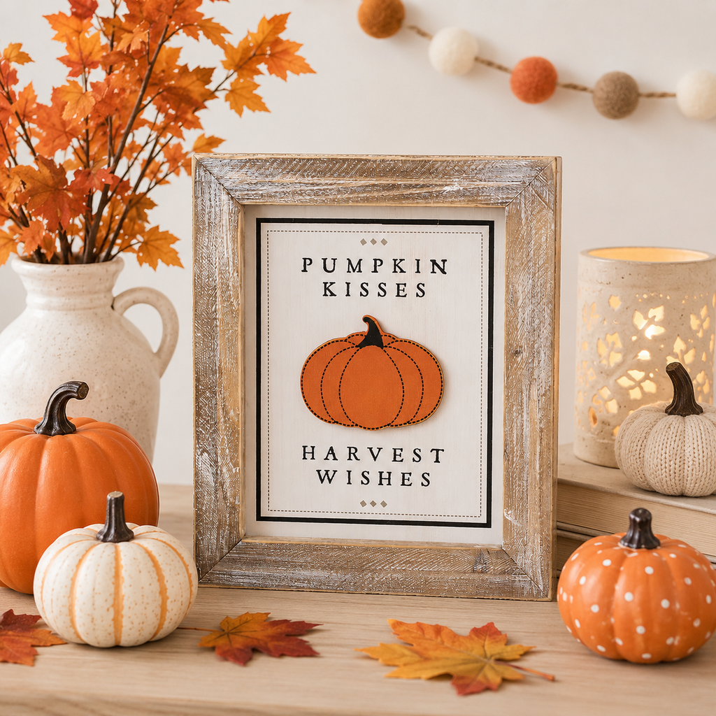 10" x 12" Reversible Wood Framed Sign - Just Keep Spinning and Pumpkin Kisses | Multicolor