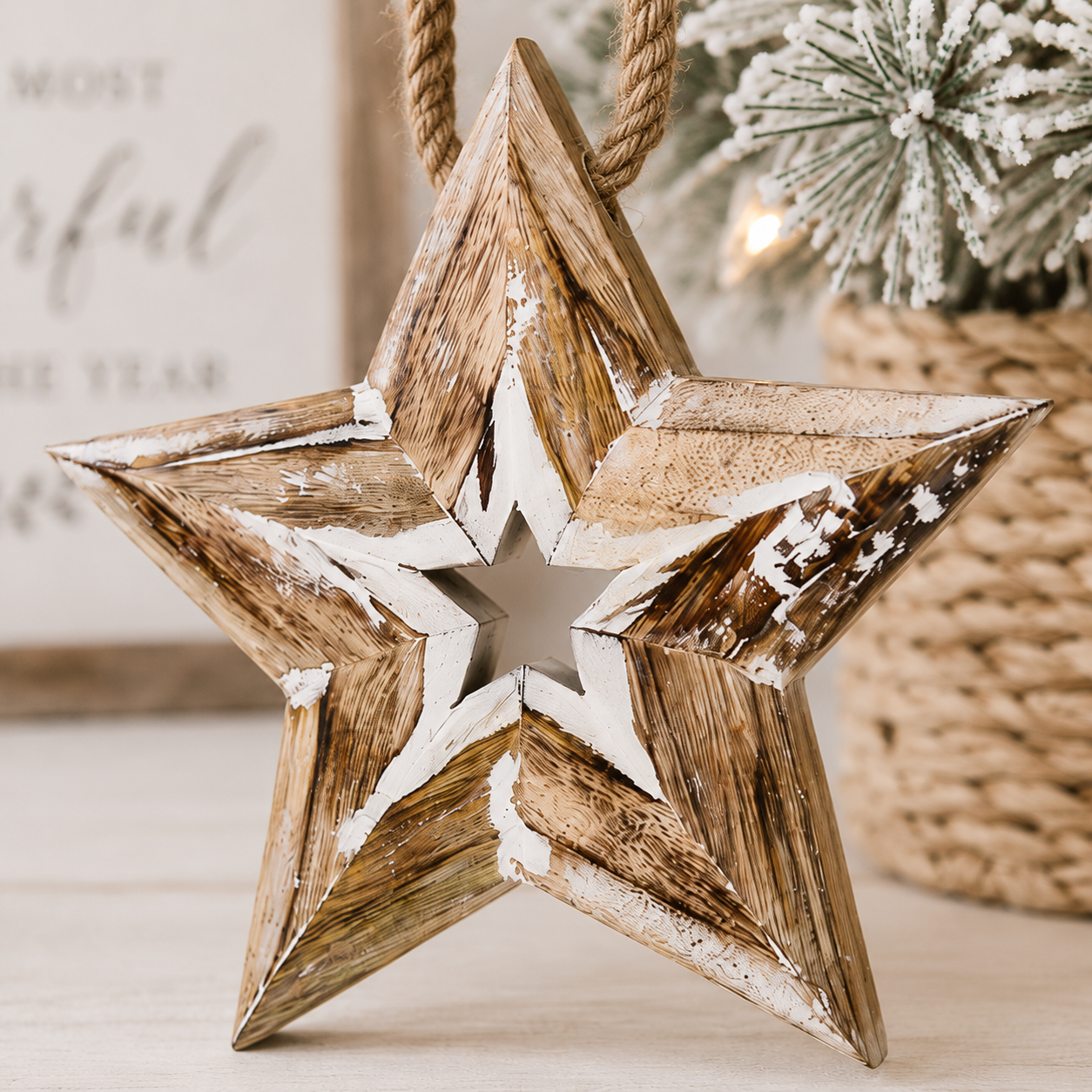8" Mango Wood Hanging Star - Natural