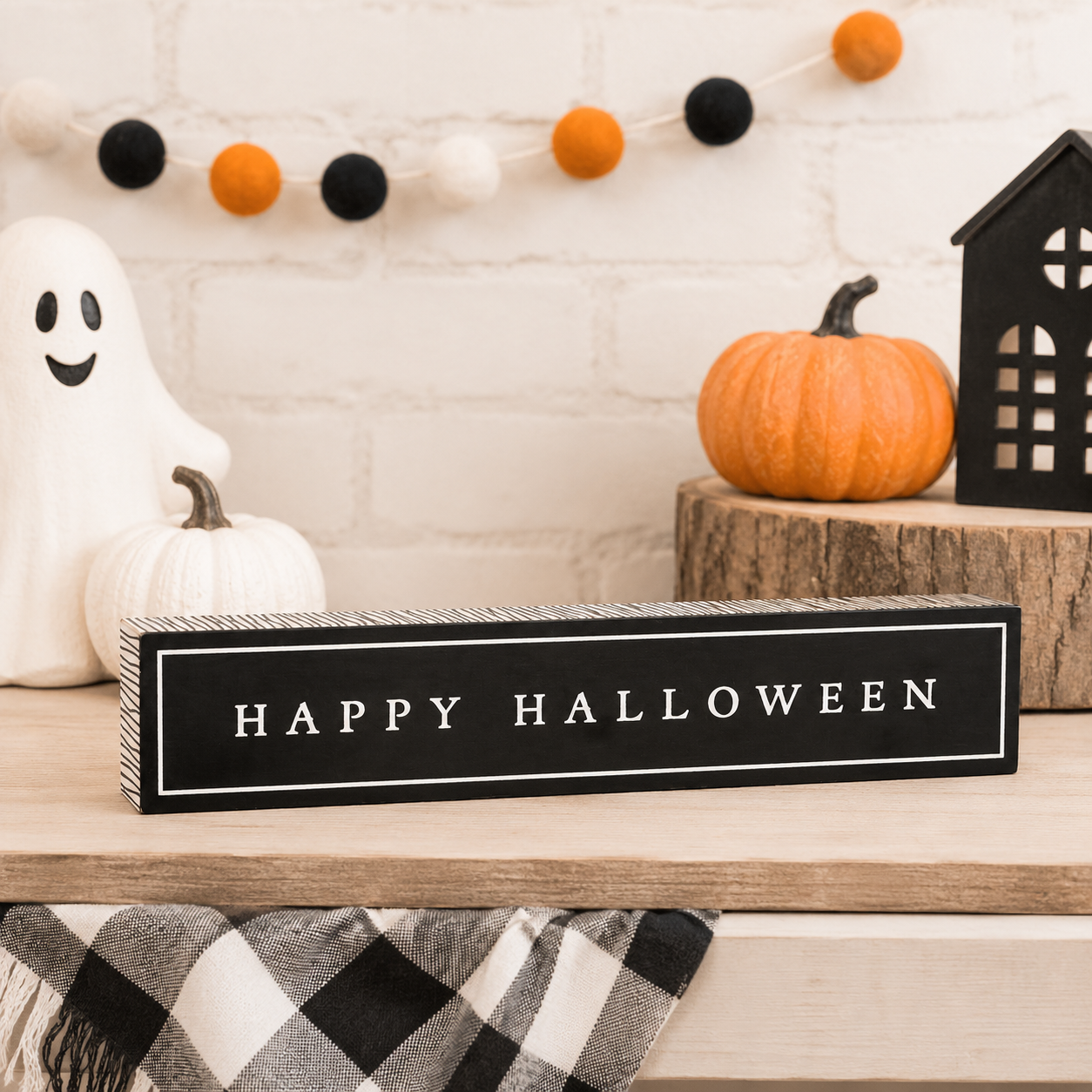 13" Reversible Wood Brick - Halloween and Autumn | White and Black