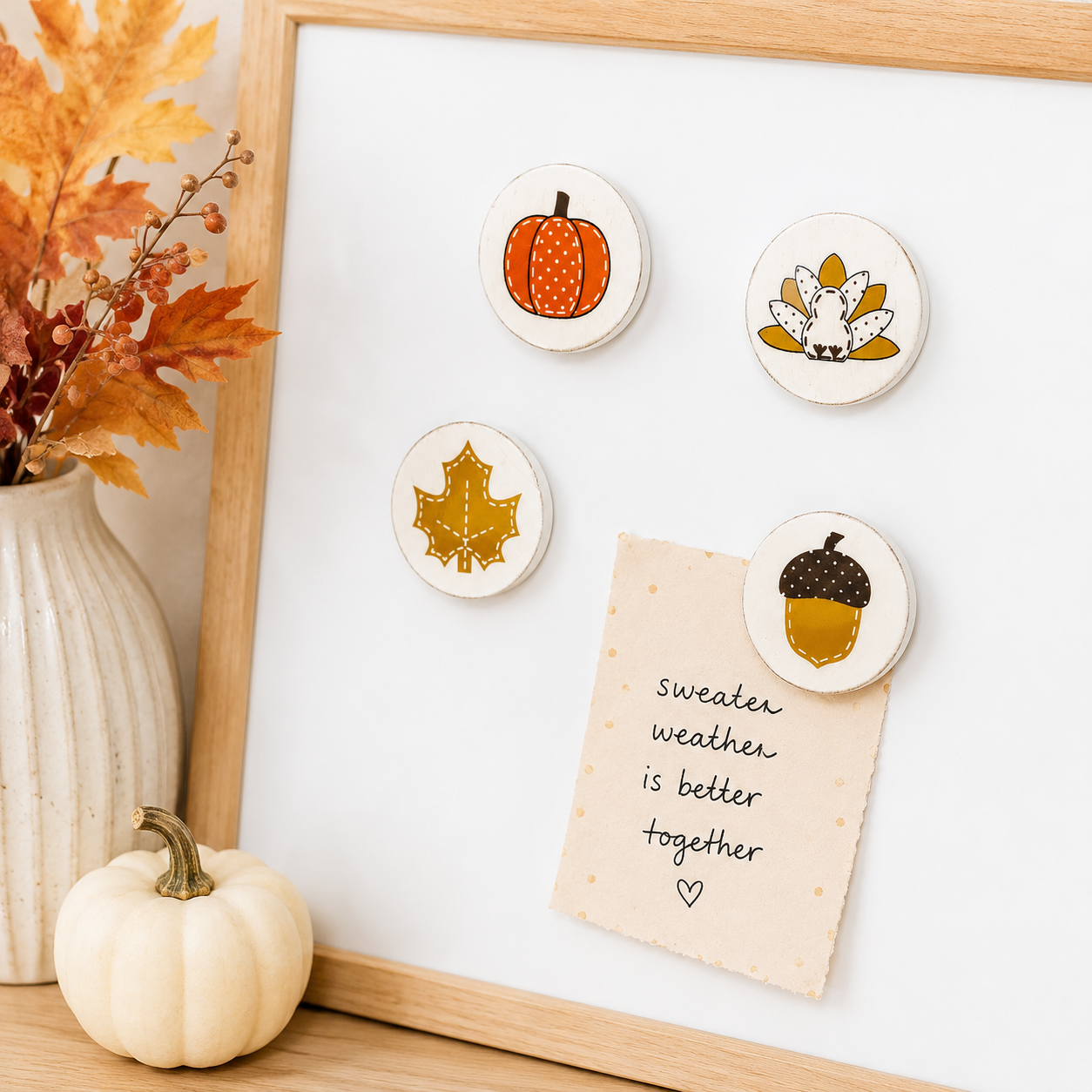 2.5" Wood Magnet Set of 4 - Leaf, Acorn, Turkey and Pumpkin | Multicolor
