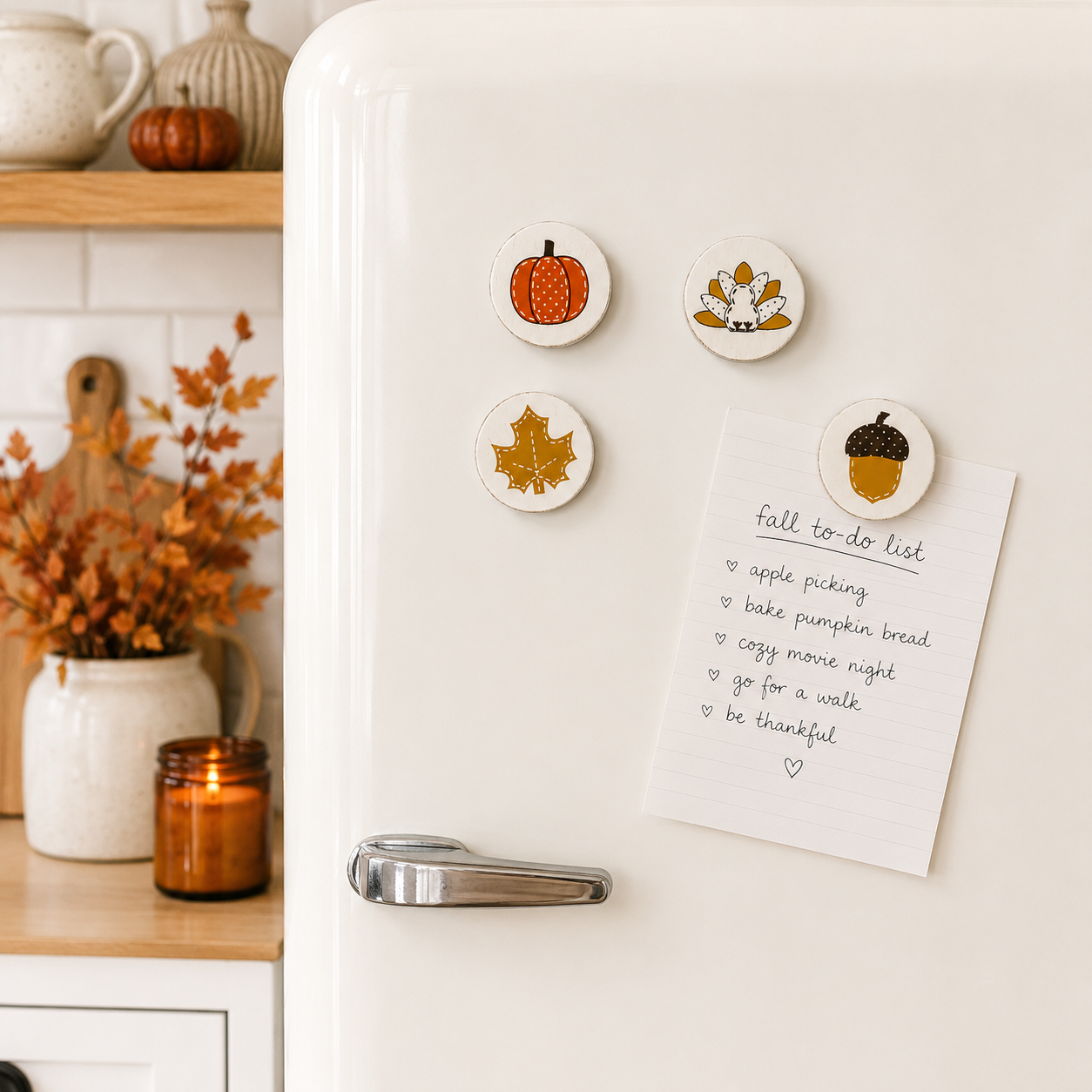 2.5" Wood Magnet Set of 4 - Leaf, Acorn, Turkey and Pumpkin | Multicolor