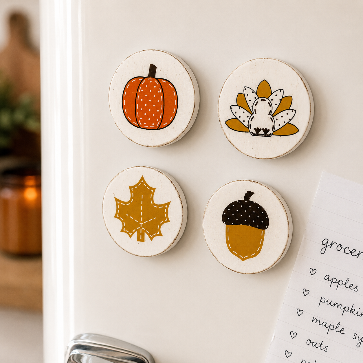 2.5" Wood Magnet Set of 4 - Leaf, Acorn, Turkey and Pumpkin | Multicolor