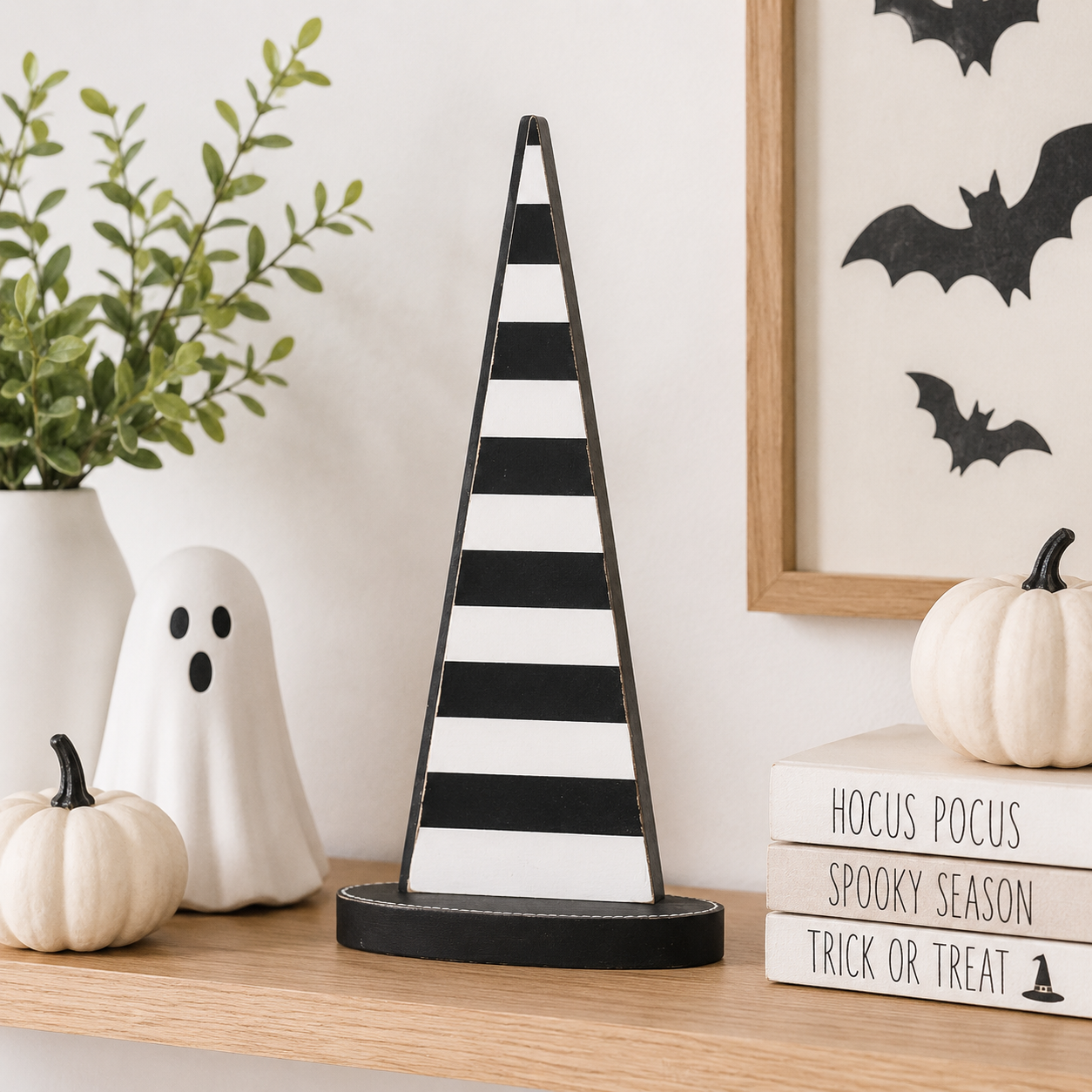 12" Wood Witch Hat - Stripes | Black and White
