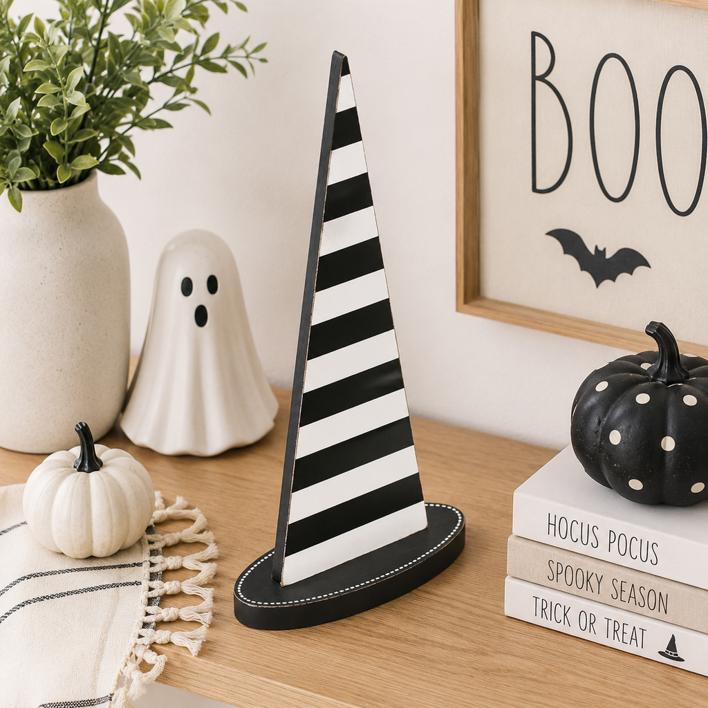 12" Wood Witch Hat - Stripes | Black and White