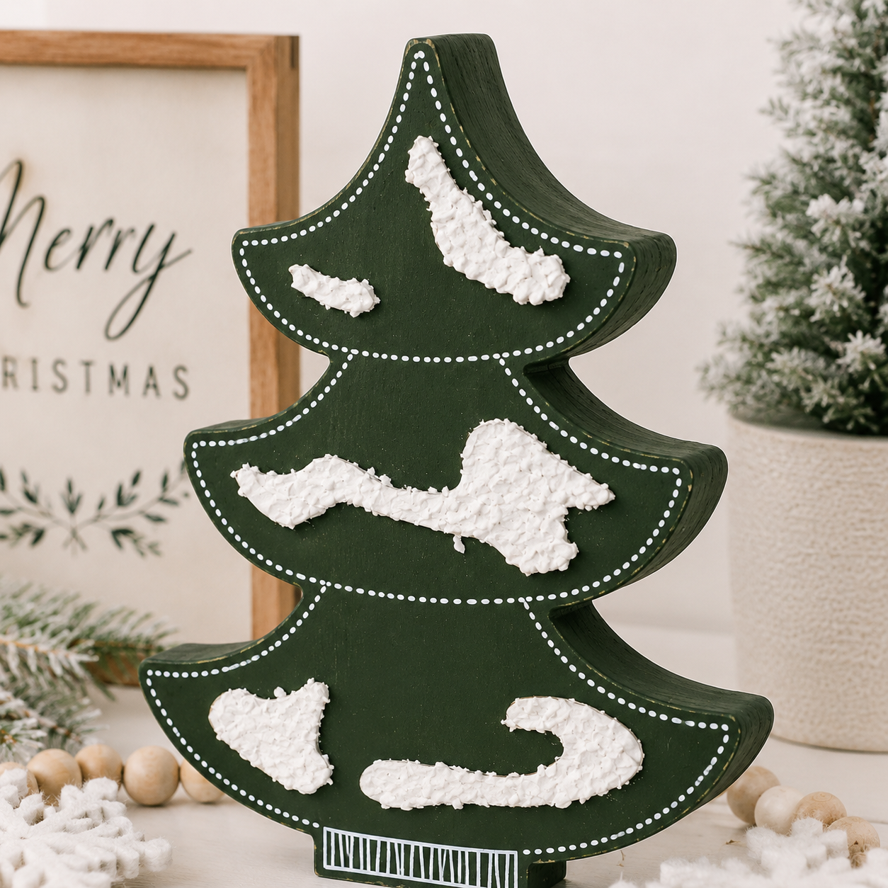 11" Chunky Wood Tree | Green and White