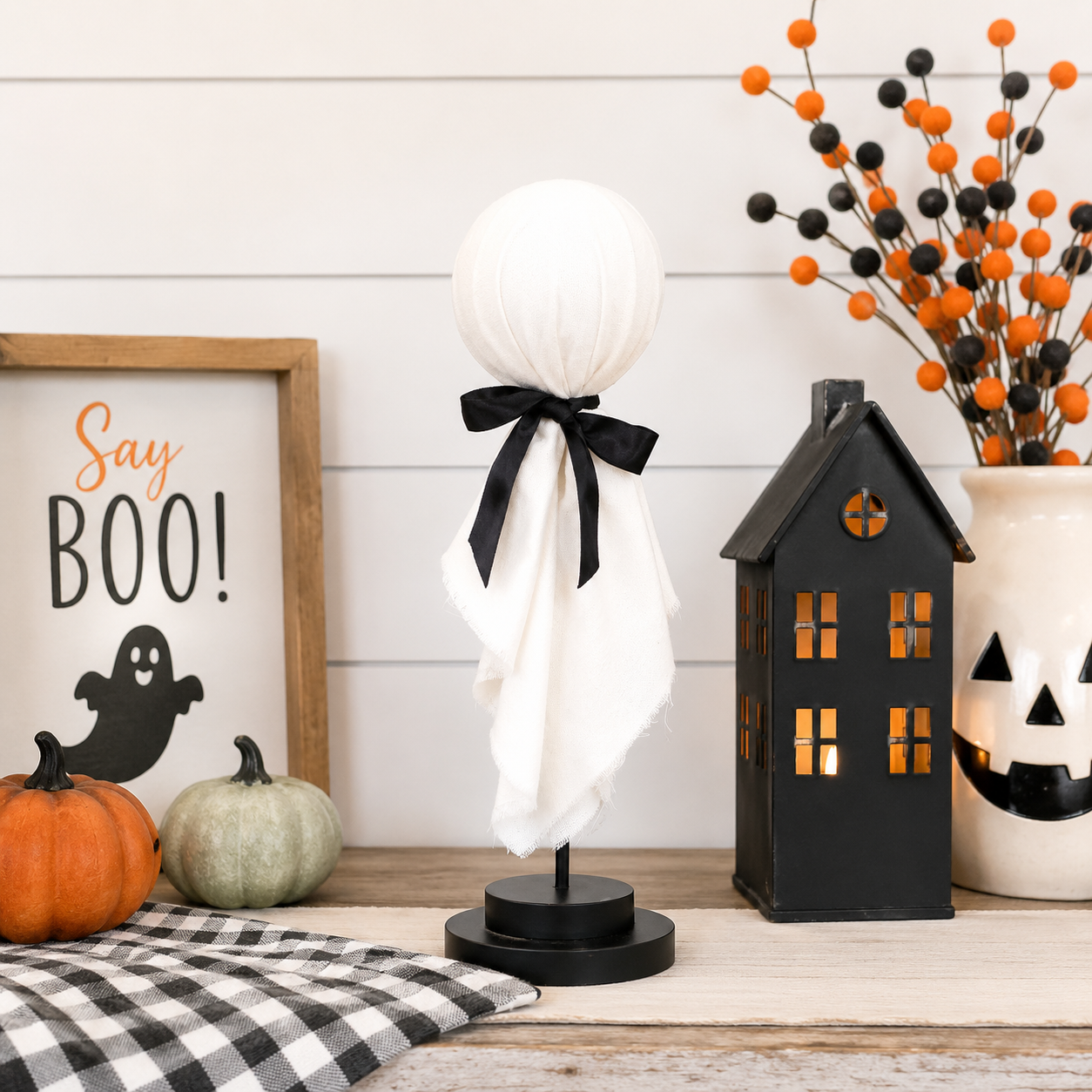 14" Wood Shape on Stand - Ghost | White and Black