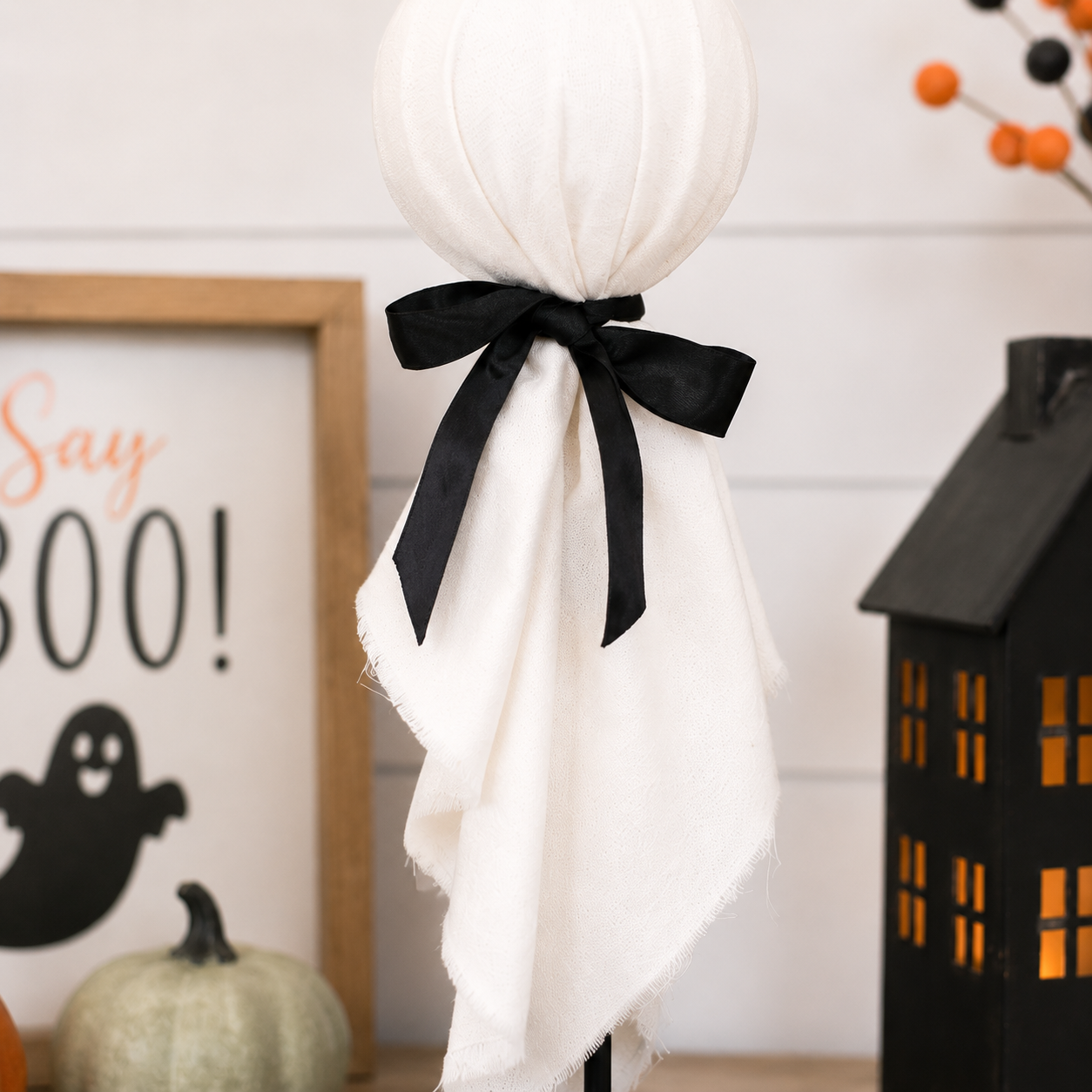 14" Wood Shape on Stand - Ghost | White and Black