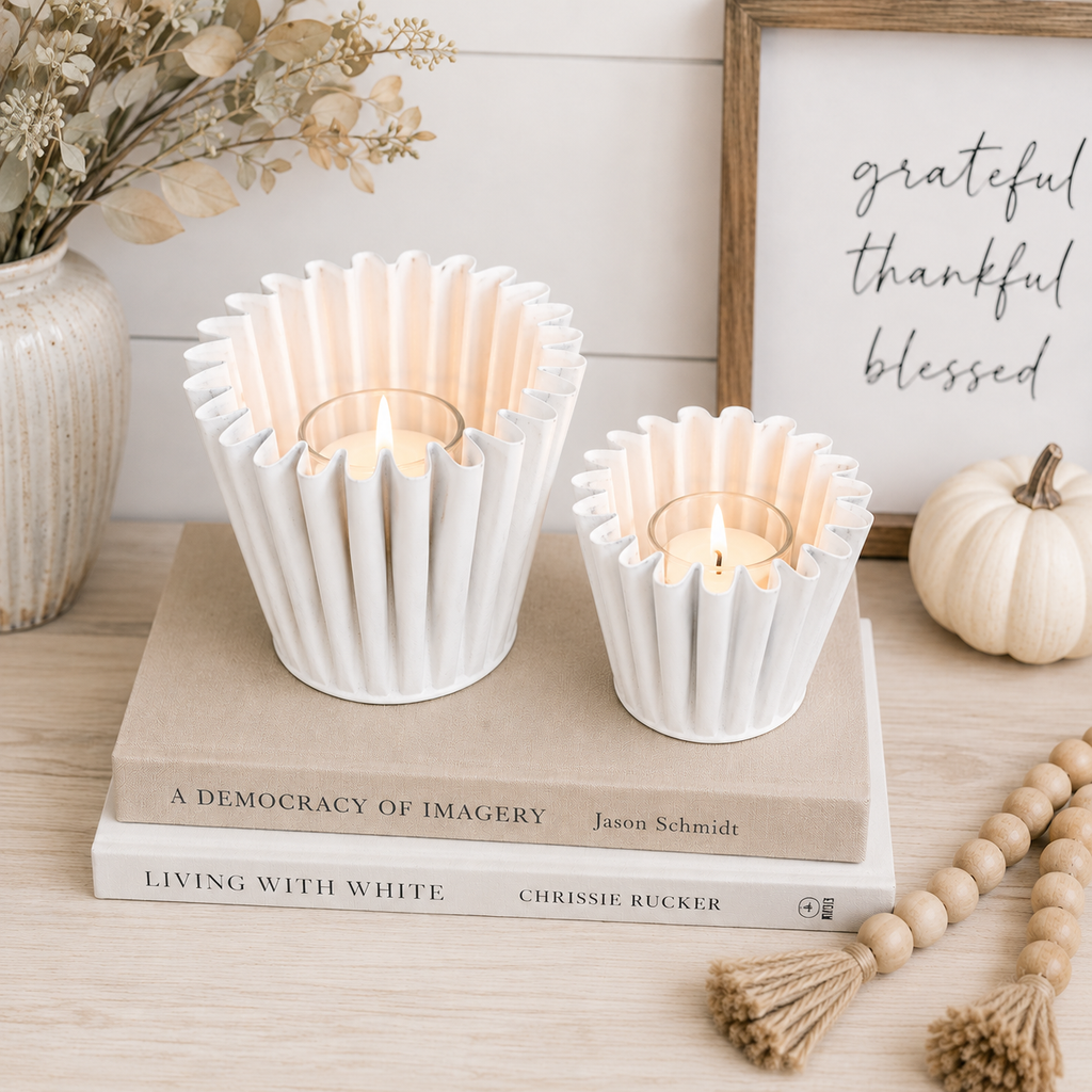 Set of 2 Iron Nested Curve Votives - White | 6x5x6 and 5x4x5