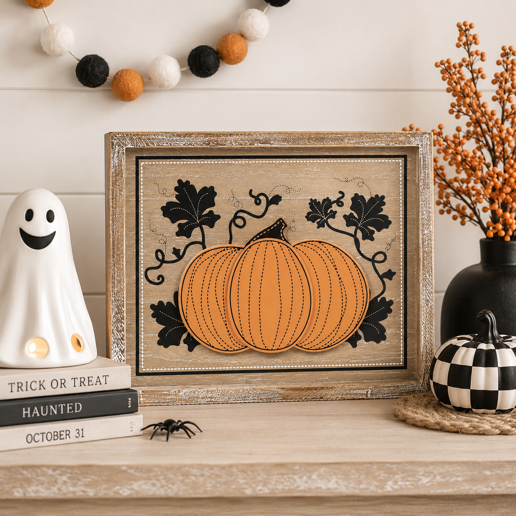 10" x 13" Reversible Wood Frame Sign - Cage and Pumpkin | Multicolor