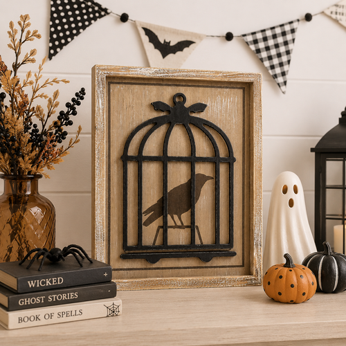 10" x 13" Reversible Wood Frame Sign - Cage and Pumpkin | Multicolor