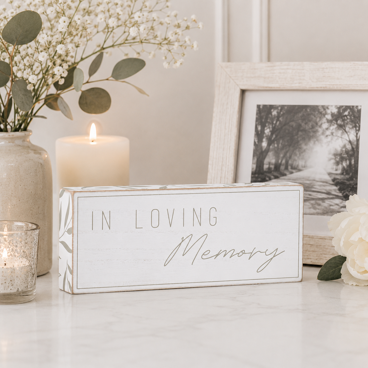 10" x 4" Wood Brick Sign - In Loving Memory | Grey and White