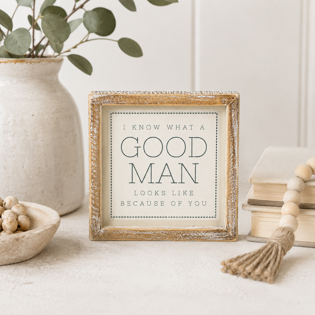 7" Reversible Wood Framed Sign - Good Man and Dad | White, Grey and Tan