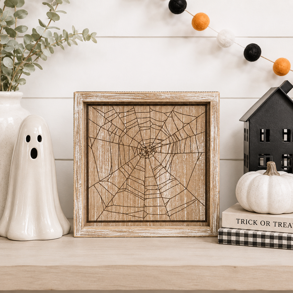 10" Reversible Wood Frame Sign - Web and Leaves | Multicolor