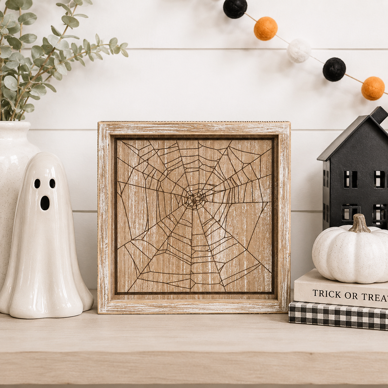 10" Reversible Wood Frame Sign - Web and Leaves | Multicolor
