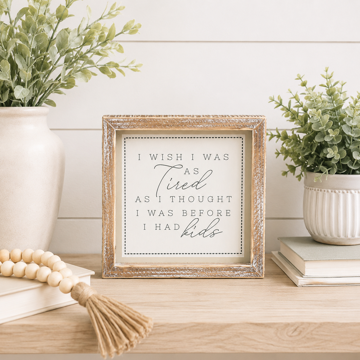 7" Reversible Wood Framed Sign - Tired and Care | White, Grey and Tan