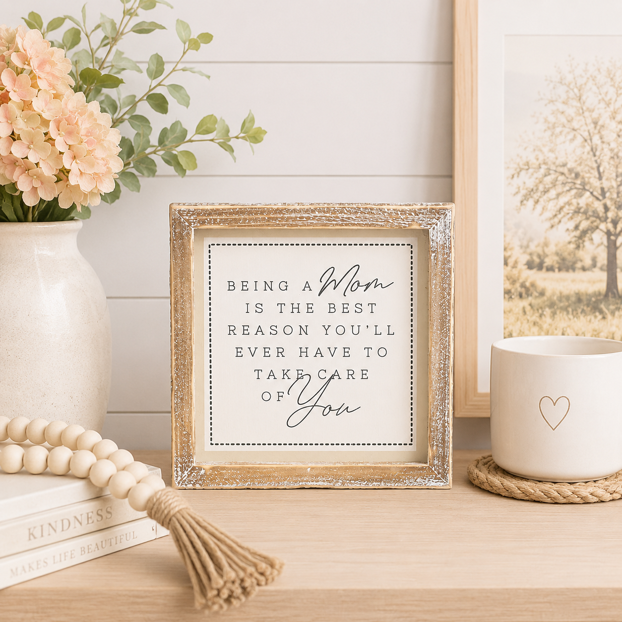 7" Reversible Wood Framed Sign - Tired and Care | White, Grey and Tan