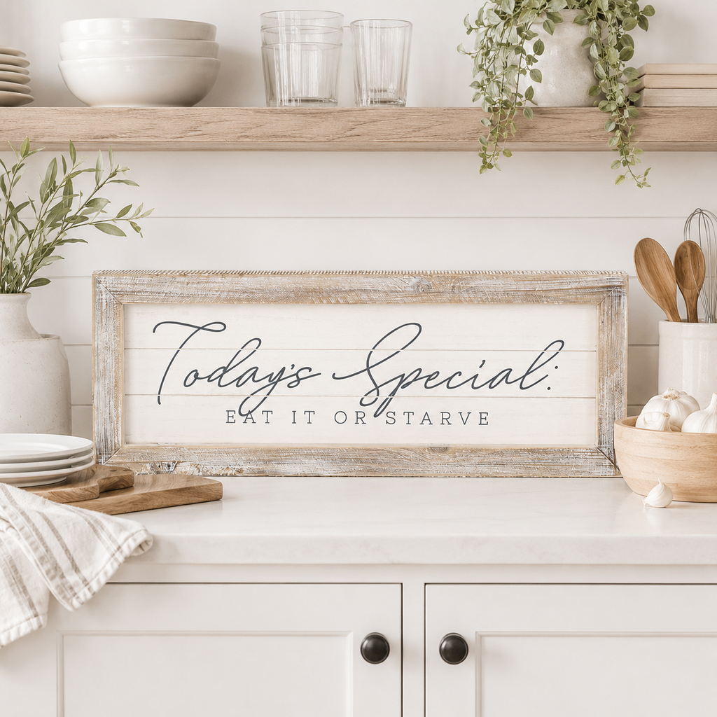 24" x 9" Reversible Wood Frame Sign - Rise/Shine and Today's Special | White and Grey