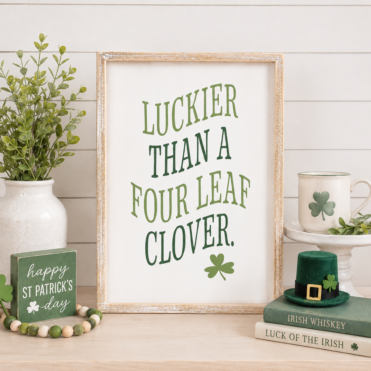 10" x 14" Wood Frame Sign - Luckier Than a Four Leaf Clover | White and Green