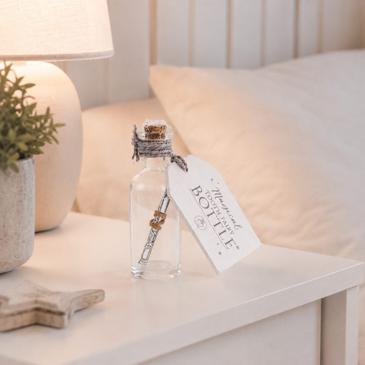 3" Wood Tag & Container - Tooth Fairy Bottle | White and Grey
