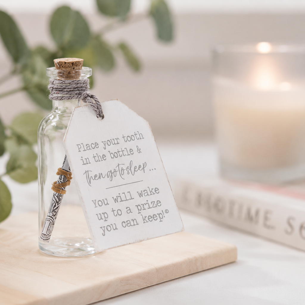 3" Wood Tag & Container - Tooth Fairy Bottle | White and Grey