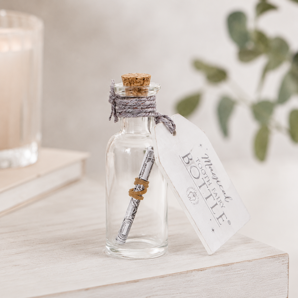 3" Wood Tag & Container - Tooth Fairy Bottle | White and Grey