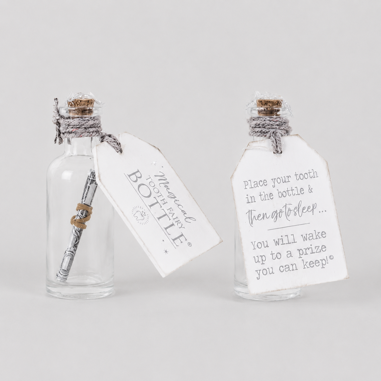3" Wood Tag & Container - Tooth Fairy Bottle | White and Grey