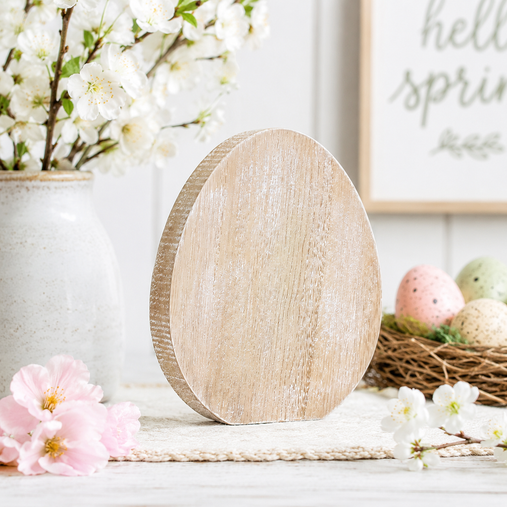 6" Wood Egg Cutout - Natural/White
