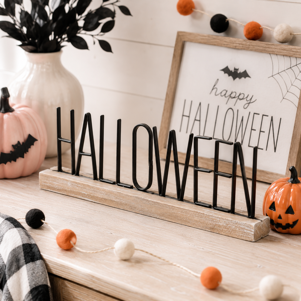 16" Wood Table Sitter - Halloween | Natural and Black