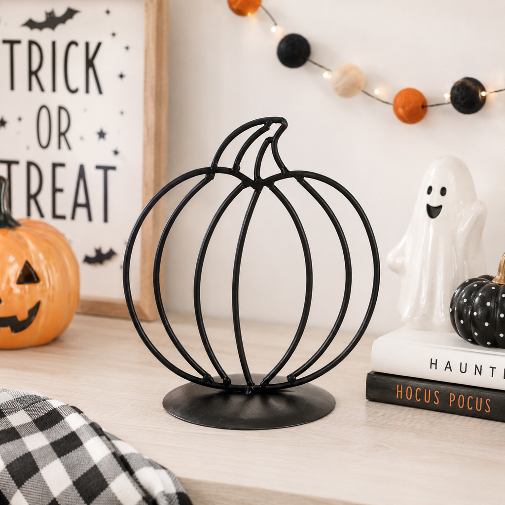8" Metal Pumpkin on Stand - Black