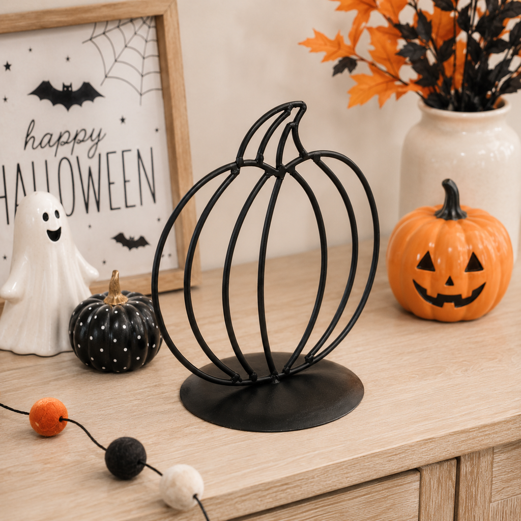 8" Metal Pumpkin on Stand - Black