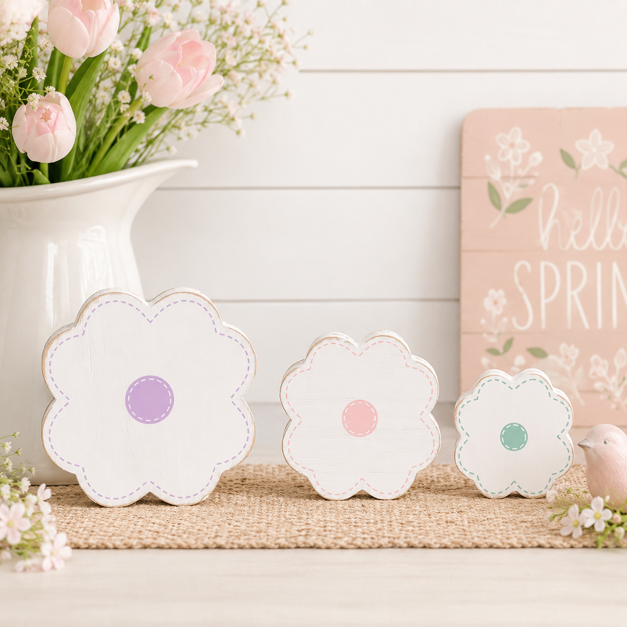 Set of 3 Wood Cutout Shapes — Flower | Purple, Pink and White | Sizes 3x3, 4x4 and 5x5