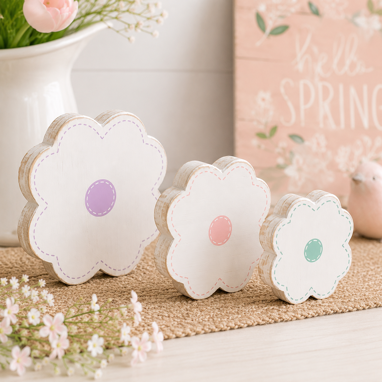 Set of 3 Wood Cutout Shapes — Flower | Purple, Pink and White | Sizes 3x3, 4x4 and 5x5