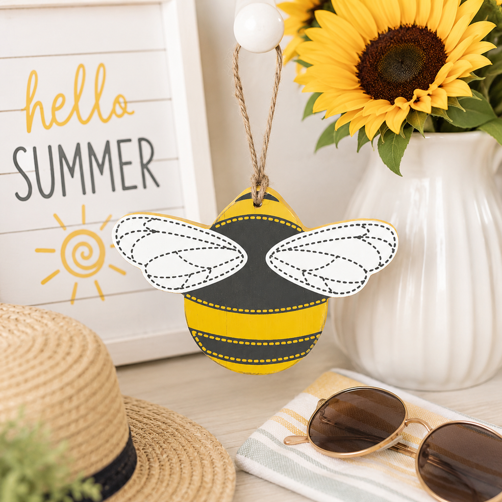 5" Reversible Wood Tag - Bee | Yellow, White and Grey