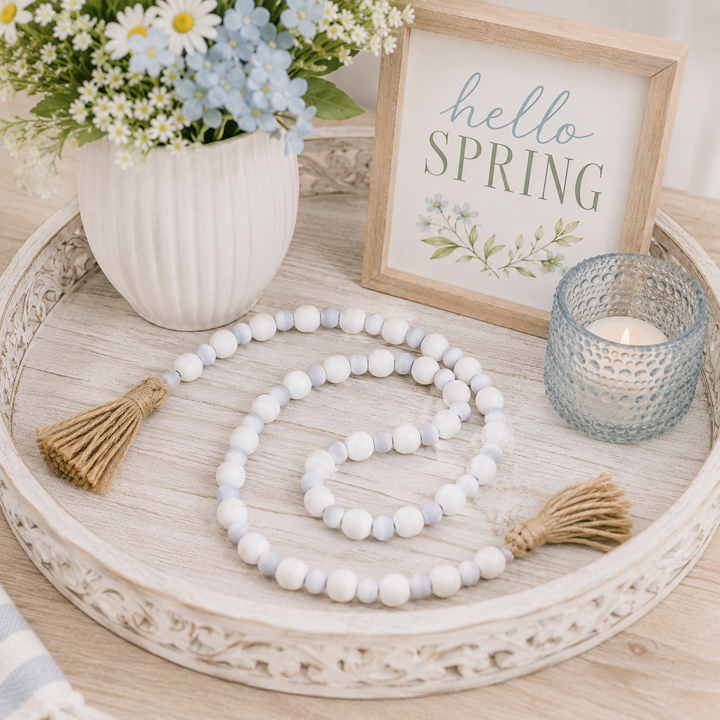 48" Wood Bead Garland - White and Blue