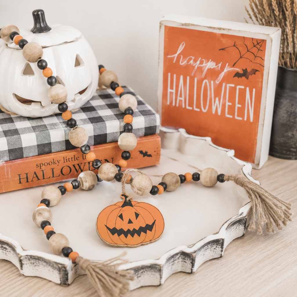35" Wood Bead Garland with Tassels - Pumpkin
