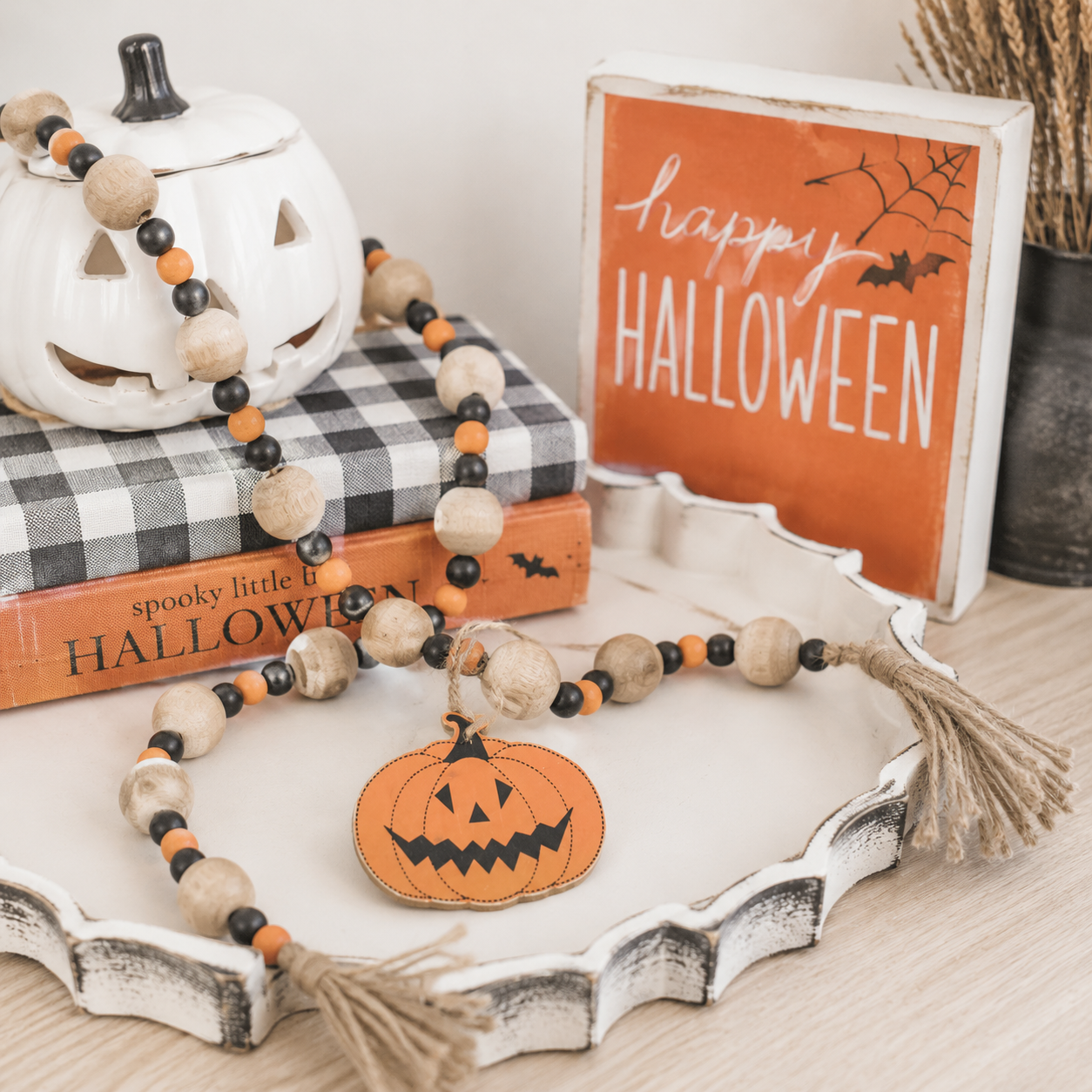 35" Wood Bead Garland with Tassels - Pumpkin