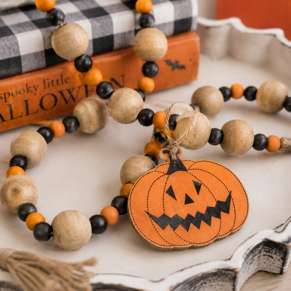 35" Wood Bead Garland with Tassels - Pumpkin