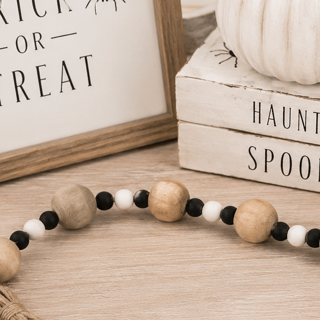 35" Reversible Wood Bead Garland with Tassels - Spider and Snowflake | Natural