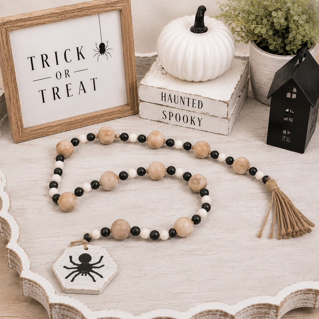 35" Reversible Wood Bead Garland with Tassels - Spider and Snowflake | Natural